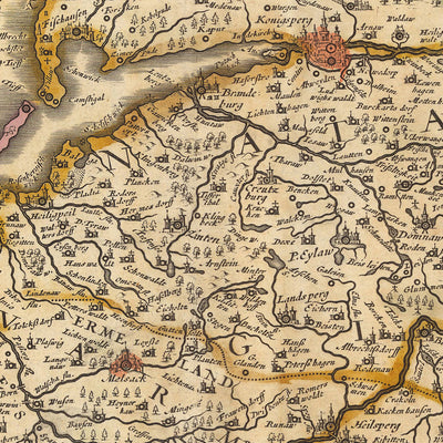Mapa antiguo de Prusia de Visscher, 1690: Gdańsk, Elbląg, Klaipėda, Kaliningrado, Brodnicki Park Krajobrazowy