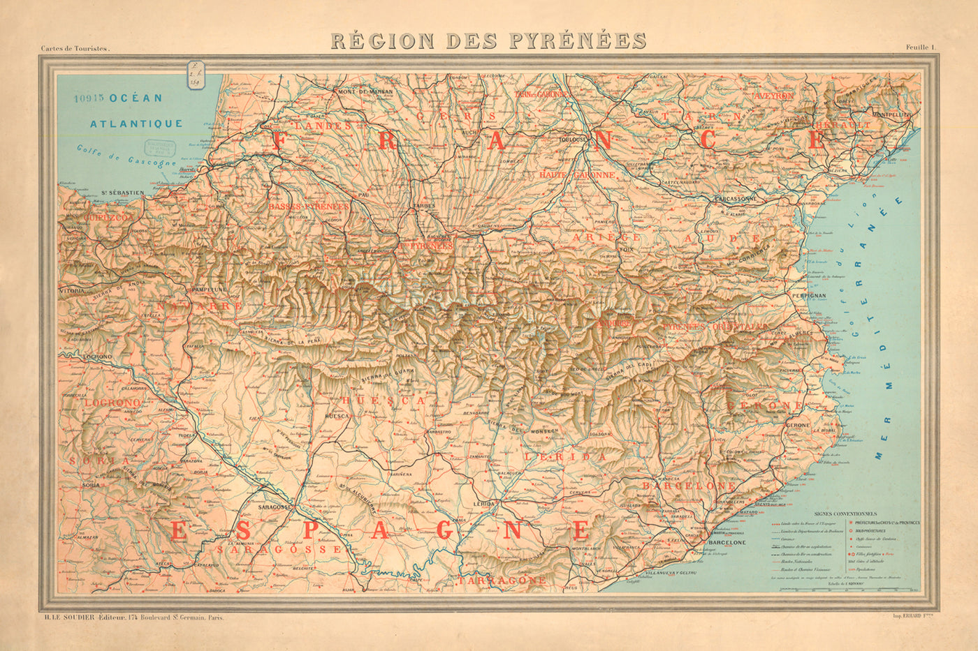 Old Map of the Pyrenees Mountains, 1920: Southern France and Northern Spain