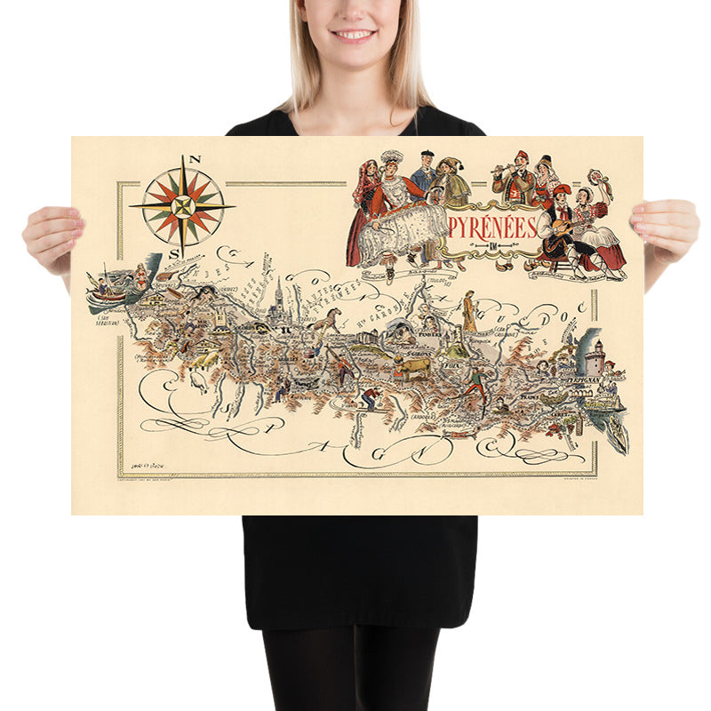 Vecchia mappa pittorica dei Pirenei di Liozu, 1951: Perpignano, Pau, Bayonne, castelli, montagne 