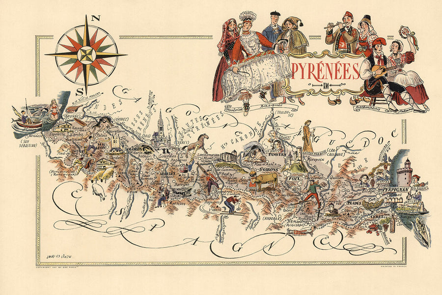Vecchia mappa pittorica dei Pirenei di Liozu, 1951: Perpignano, Pau, Bayonne, castelli, montagne 