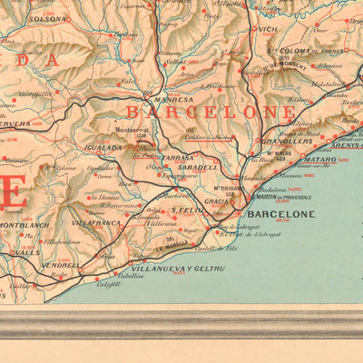 Old Map of the Pyrenees Mountains, 1920: Southern France and Northern Spain