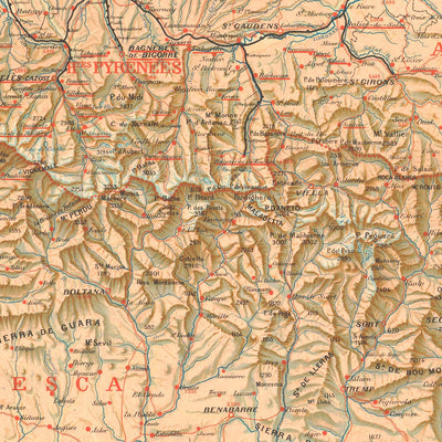 Old Map of the Pyrenees Mountains, 1920: Southern France and Northern Spain