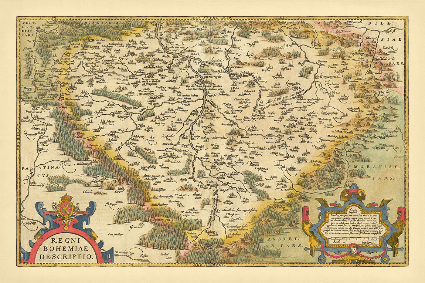 Ancienne carte de la République tchèque par Ortelius, 1579 : Prague, rivière Vltava, montagnes, forêts, cartouches