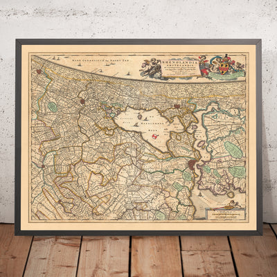Old Map of Rijnland and Amstelland by Visscher, 1690: Amsterdam, Haarlem, The Hague, Leiden, Gouda