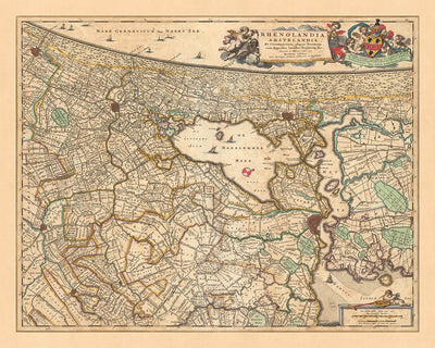 Old Map of Rijnland and Amstelland by Visscher, 1690: Amsterdam, Haarlem, The Hague, Leiden, Gouda