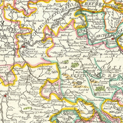 Ancienne carte du bassin du Rhin par Coronelli, 1690 : Bâle, Cologne, Francfort, lac de Constance, Alpes suisses