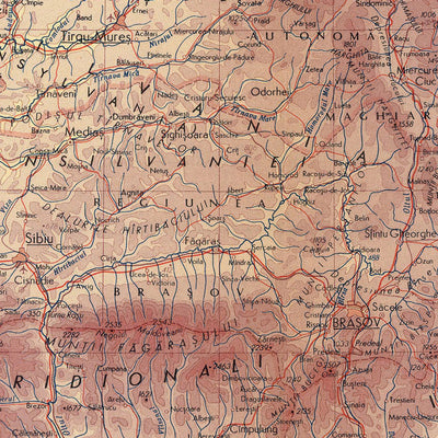 Mapa antiguo de Rumania por el Servicio de Topografía del Ejército Polaco, 1967: Bucarest, Cluj-Napoca, Timișoara, Montes Cárpatos, Río Danubio