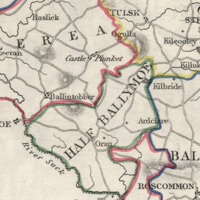 Old Map of County Roscommon by Lewis, 1844: Castlerea, Boyle, River Shannon, Lough Allen, Great Famine