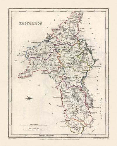 Mapa antiguo del condado de Roscommon por Lewis, 1844: Roscommon, Boyle, río Shannon, Lough Allen, gran hambruna