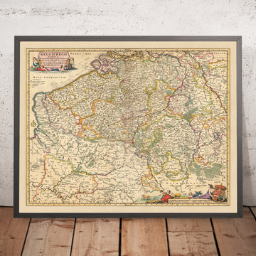 Mapa antiguo de la Bélgica real de Visscher, 1690: Bruselas, Gante, Amberes, Lille, parque Caps et Marais d&