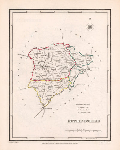 Alte Karte von Rutlandshire von Samuel Lewis, 1844: Oakham, Uppingham, Cottesmore, Langham, Belton