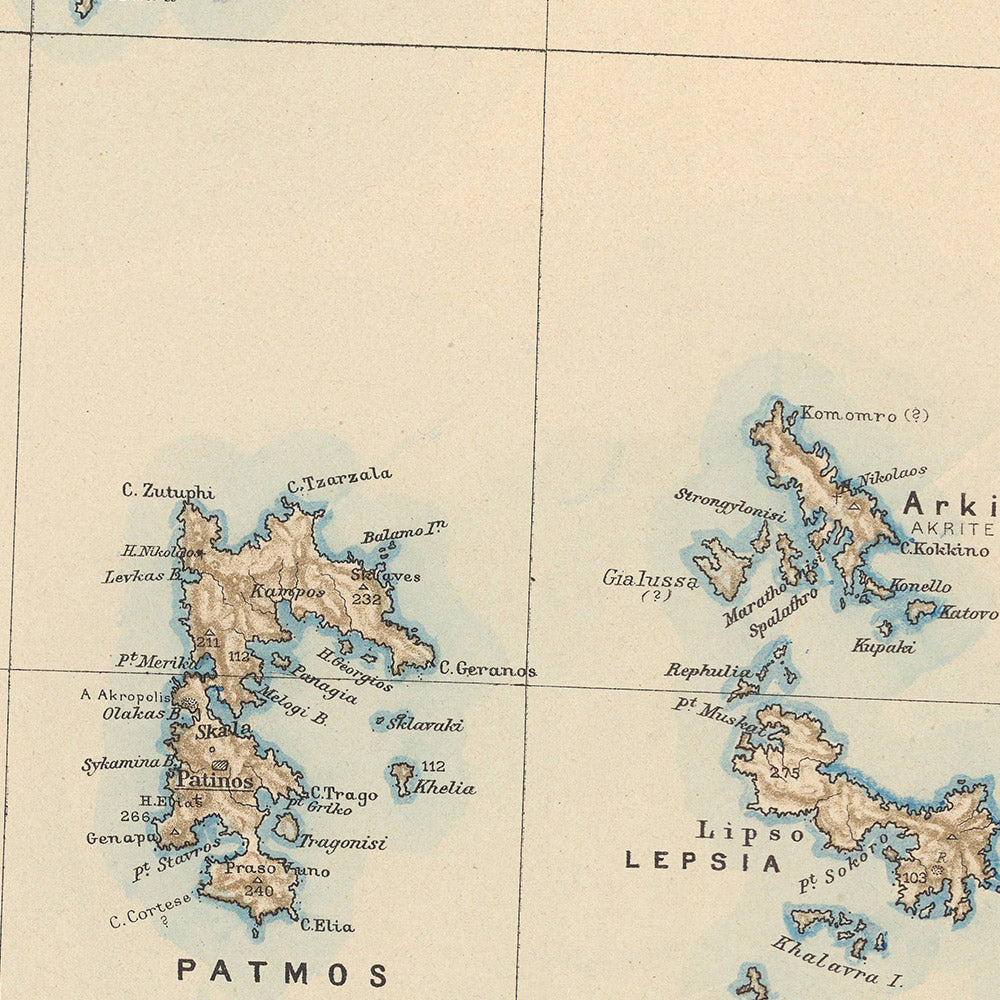 Ancienne carte de Samos et des îles de la mer Égée par Kiepert, 1890 : Ikaria, Kalymnos, parc national Buyuk Menderes, route d'exploration de Kiepert, premier méridien de Paris