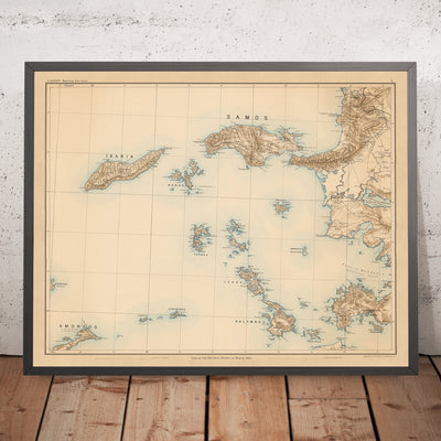 Alte Karte von Samos und den Ägäischen Inseln von Kiepert, 1890: Ikaria, Kalymnos, Büyük-Menderes-Nationalpark, Kieperts Erkundungsroute, Pariser Nullmeridian