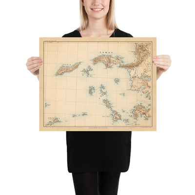 Alte Karte von Samos und den Ägäischen Inseln von Kiepert, 1890: Ikaria, Kalymnos, Büyük-Menderes-Nationalpark, Kieperts Erkundungsroute, Pariser Nullmeridian