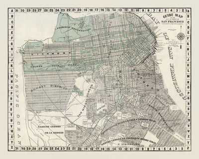 Ancienne carte de San Francisco, 1895 : Golden Gate Bridge, Alcatraz, Barbary Coast, Chinatown, tremblement de terre