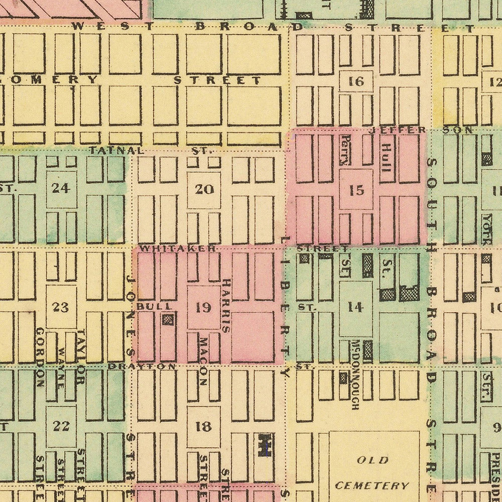 Ancienne carte de Savannah par Colton, 1855 : Forsyth Place, dépôts ferroviaires, île Hutchinson, Fishers Reef, quartiers