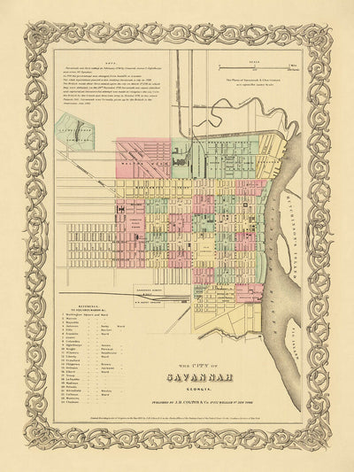 Ancienne carte de Savannah par Colton, 1855 : Forsyth Place, dépôts ferroviaires, île Hutchinson, Fishers Reef, quartiers