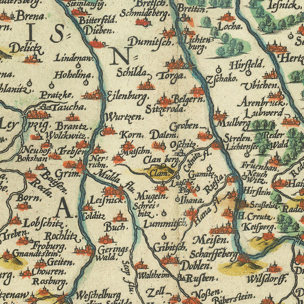 Mapa antiguo de Sajonia de Ortelius, 1595: Berlín, Leipzig, Dresde, río Elba, Montes Metálicos