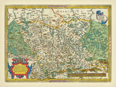 Mapa antiguo de Sajonia de Ortelius, 1595: Berlín, Leipzig, Dresde, río Elba, Montes Metálicos