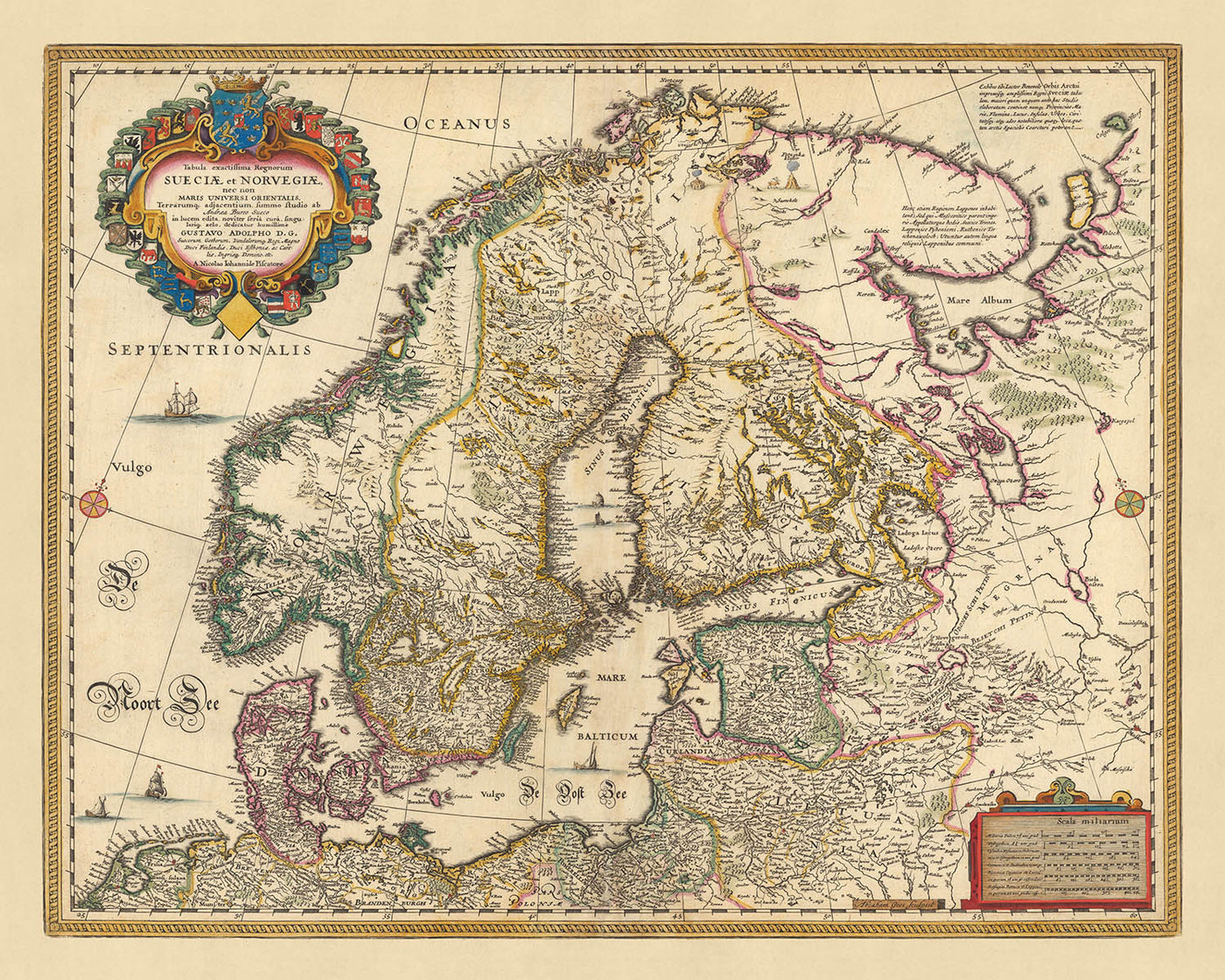 Old Map of Scandinavia and North Europe by Visscher, 1690: Oslo, Stockholm, Helsinki, Riga, Copenhagen