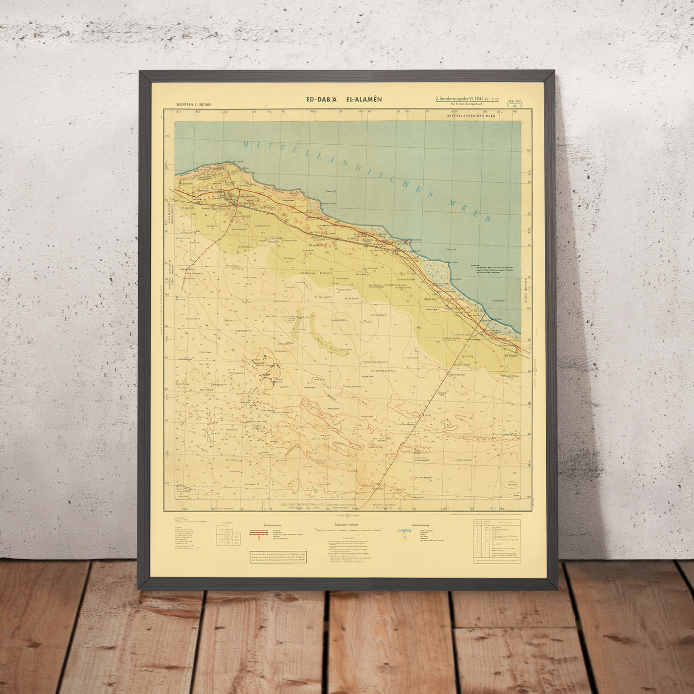 Antiguo mapa militar de El Alamein realizado por el ejército alemán en 1942: El Alamein, Ed Daba, trincheras, ferrocarril y dunas