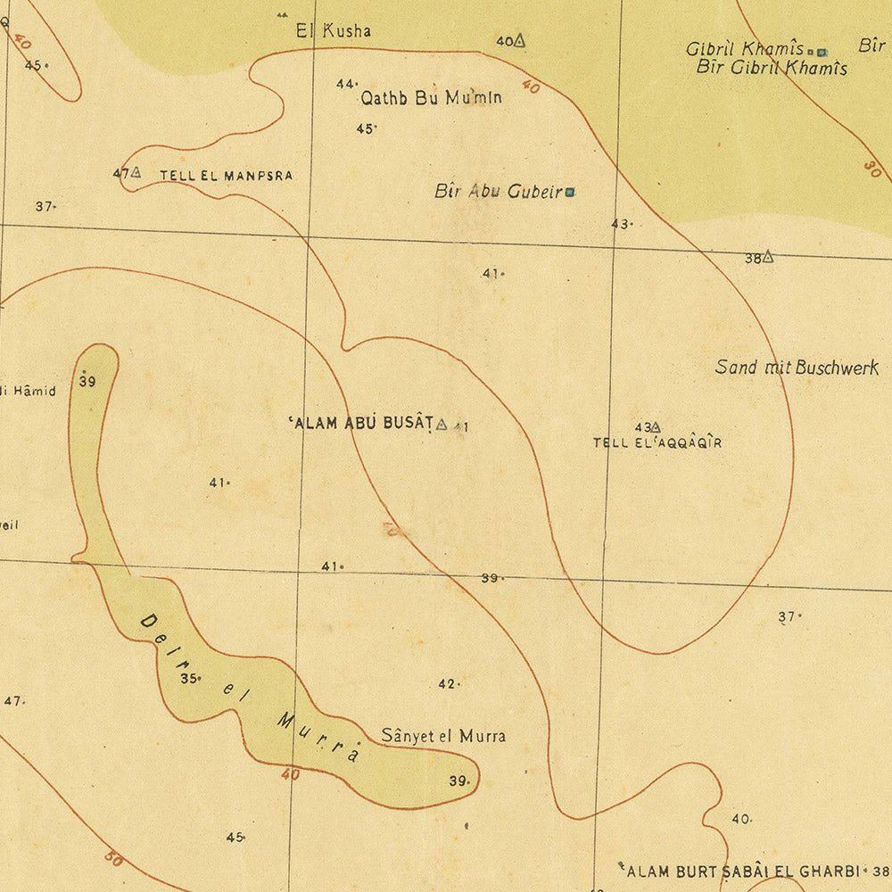 Alte Karte von El Alamein der deutschen Armee, 1942: Zweiter Weltkrieg, Ed Daba, Gräben, Eisenbahn, Dünen 