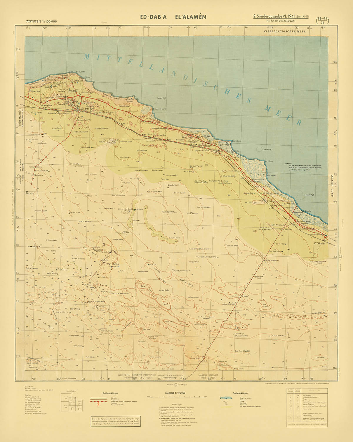 Antiguo mapa militar de El Alamein realizado por el ejército alemán en 1942: El Alamein, Ed Daba, trincheras, ferrocarril y dunas