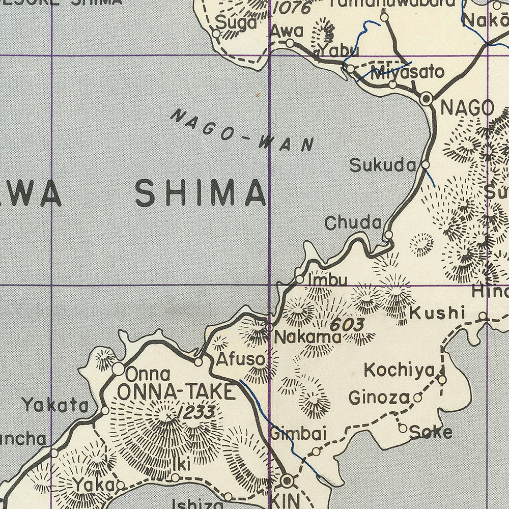 Alte Militärkarte von Okinawa vom 64. Engineer Base Topographic Battalion, 1945: Naha, Flugplatz Kadena, Ie Shima, Flugplatz Yontan, Kanna Saki