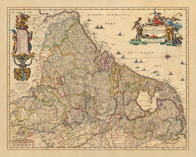 Ancienne carte des dix-sept provinces par Visscher, 1690 : Amsterdam, Bruxelles, Luxembourg, Rotterdam, Anvers