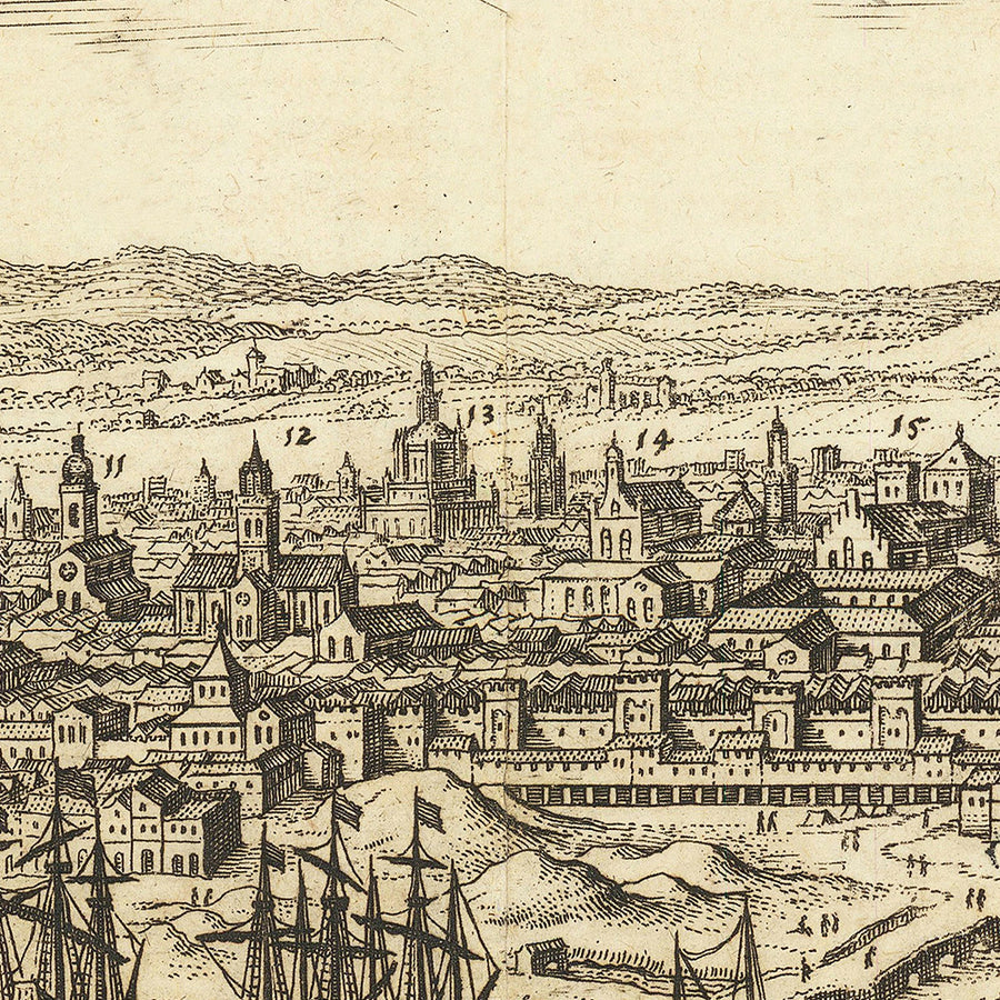 Vecchia mappa Birdseye di Siviglia di Merian, 1638: Triana, Torre del Oro, Torre del Plata, La Lonja, El Alcázar 