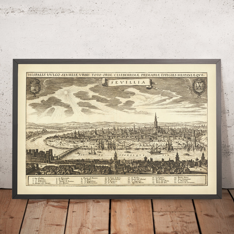 Vecchia mappa Birdseye di Siviglia di Merian, 1638: Triana, Torre del Oro, Torre del Plata, La Lonja, El Alcázar 
