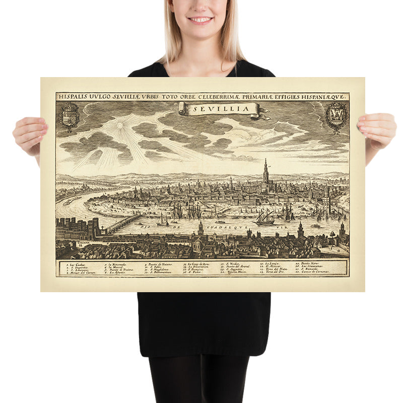 Vecchia mappa Birdseye di Siviglia di Merian, 1638: Triana, Torre del Oro, Torre del Plata, La Lonja, El Alcázar 