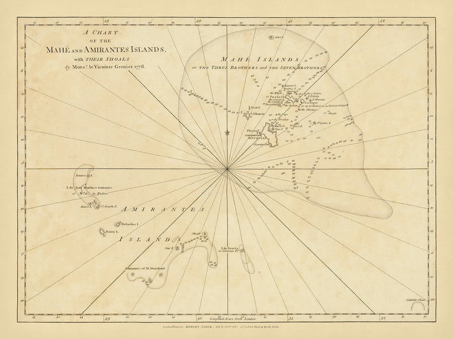 Antica mappa navale delle Seychelles di Grenier, 1776: Mahe, Amirantes, Tre Fratelli, Sette Fratelli, Banca delle Seychelles 
