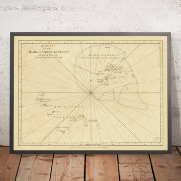 Antica mappa navale delle Seychelles di Grenier, 1776: Mahe, Amirantes, Tre Fratelli, Sette Fratelli, Banca delle Seychelles 