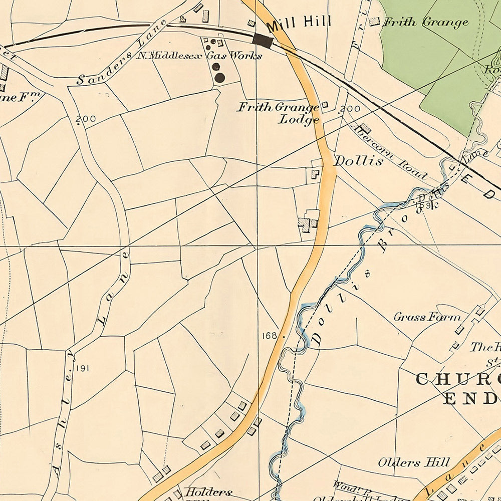 Mapa antiguo de Londres, 1900: Mill Hill, Hendon, East End, Woodside Park, Brent Reservoir