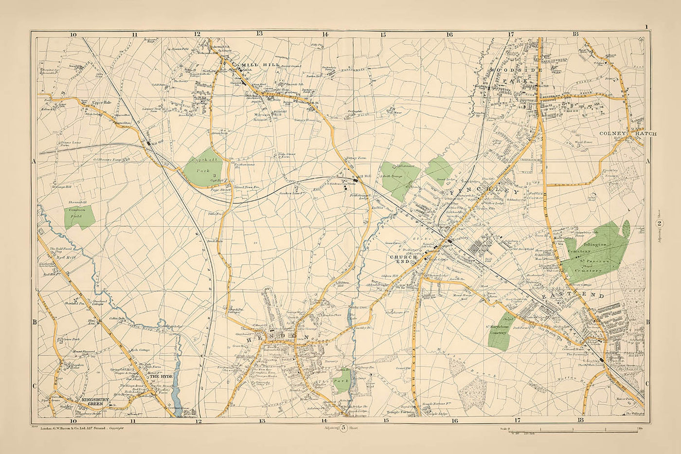 Mapa antiguo de Londres, 1900: Mill Hill, Hendon, East End, Woodside Park, Brent Reservoir