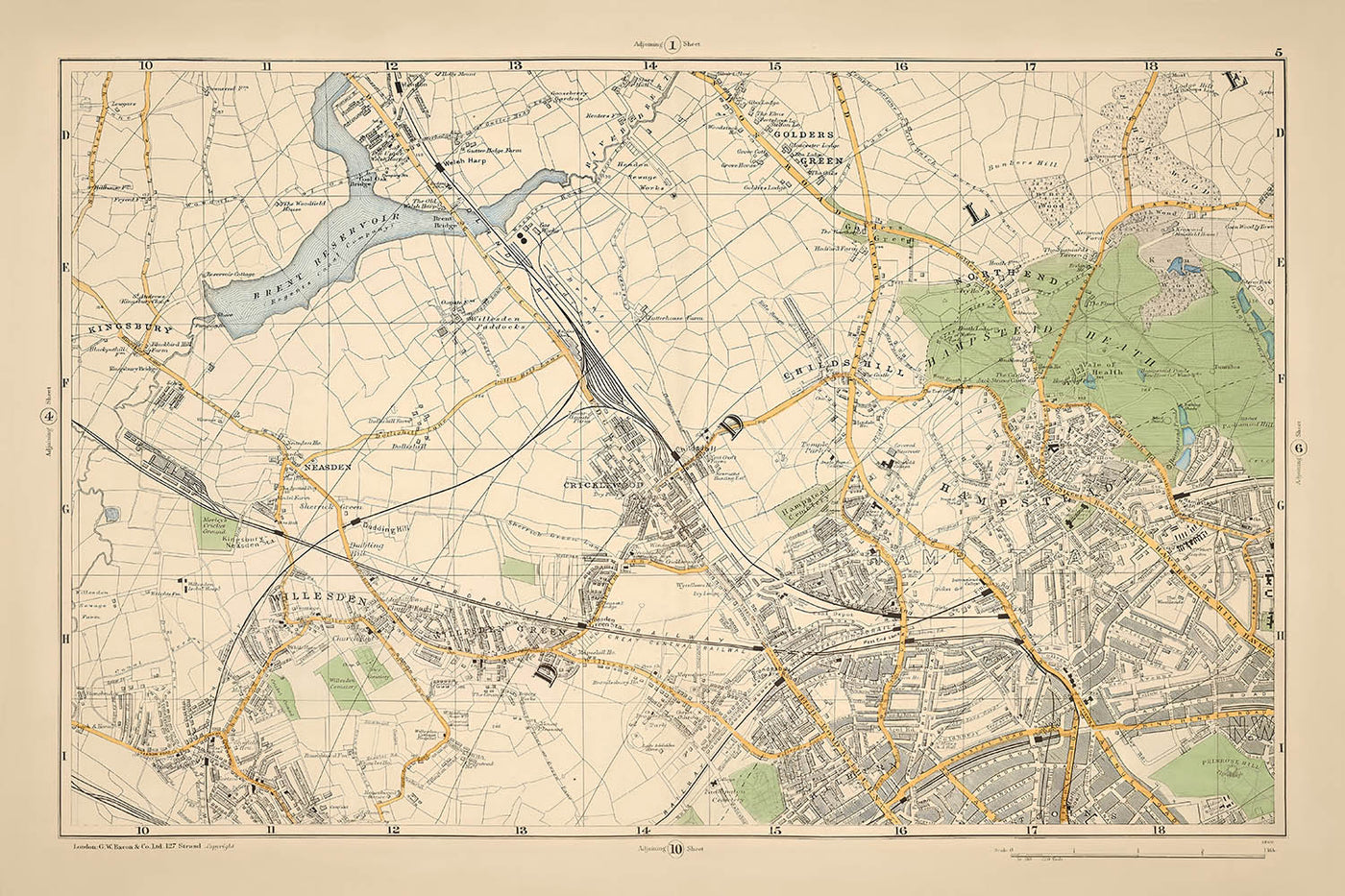 Alte Karte von London, 1900: Kingsbury, Hampstead Heath, Golders Green, Brent Reservoir, Willesden