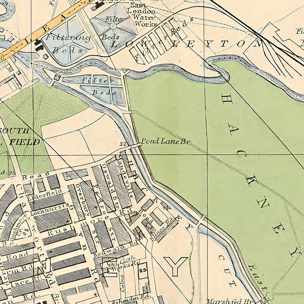 Ancienne carte de Londres, 1900 : Stamford Hill, Hackney Downs, Lea Bridge, Stratford, London Fields