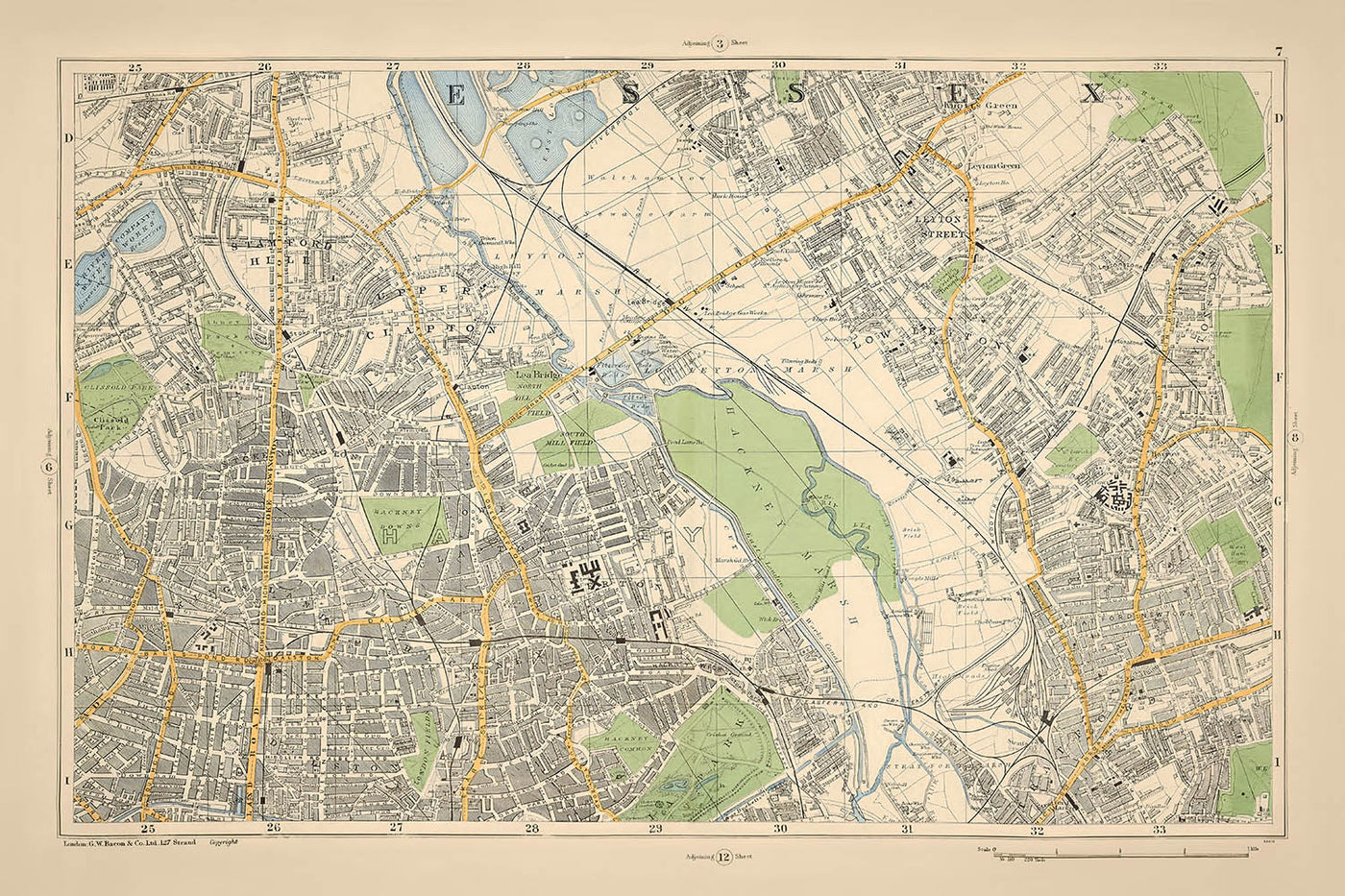 Ancienne carte de Londres, 1900 : Stamford Hill, Hackney Downs, Lea Bridge, Stratford, London Fields