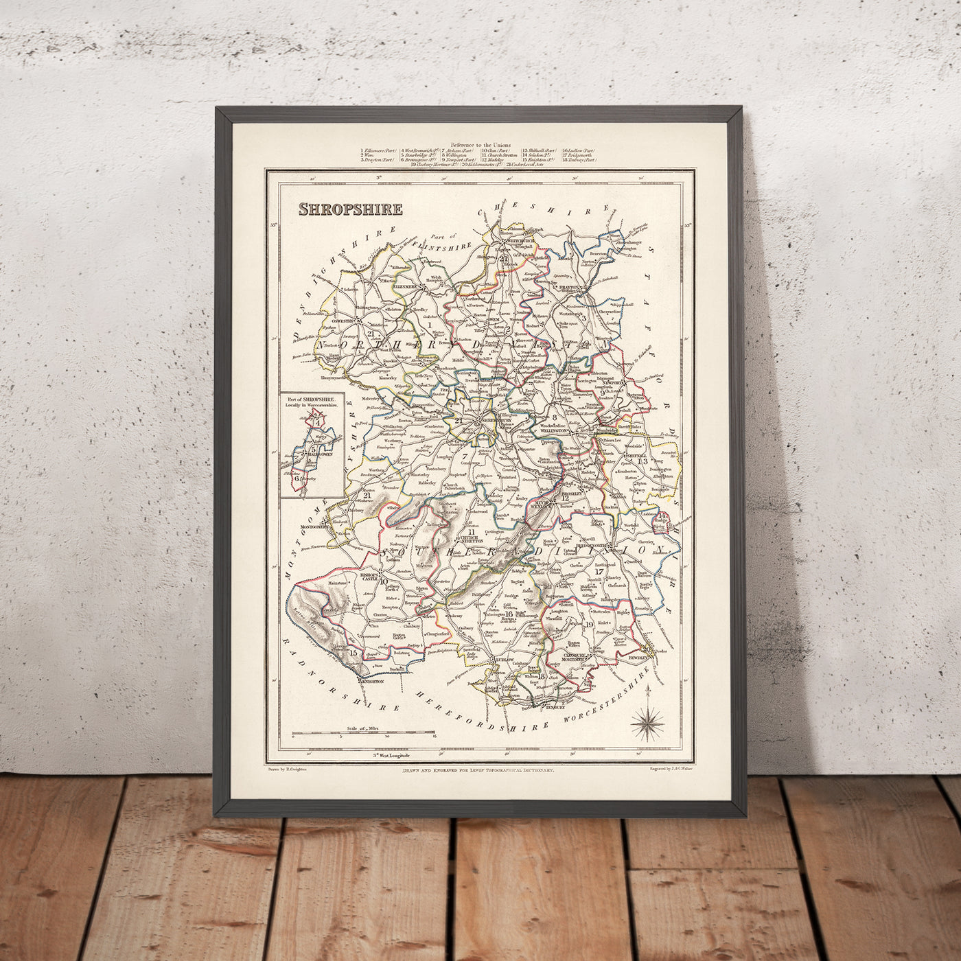 Alte Karte von Shropshire von Samuel Lewis, 1844: Telford, Shrewsbury, Oswestry, Bridgnorth und Wellington 