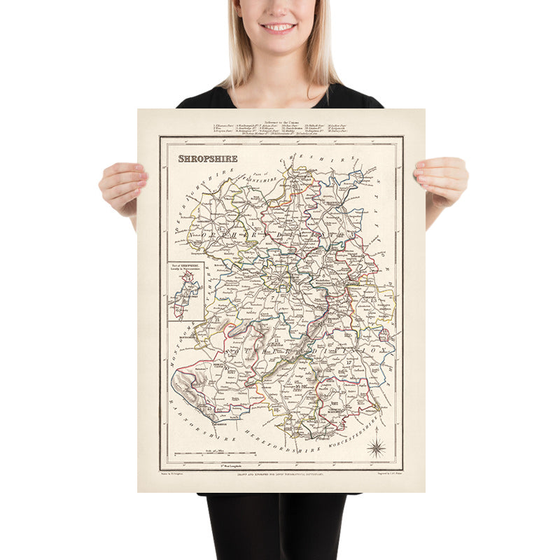 Alte Karte von Shropshire von Samuel Lewis, 1844: Telford, Shrewsbury, Oswestry, Bridgnorth und Wellington 