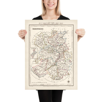 Alte Karte von Shropshire von Samuel Lewis, 1844: Telford, Shrewsbury, Oswestry, Bridgnorth und Wellington 