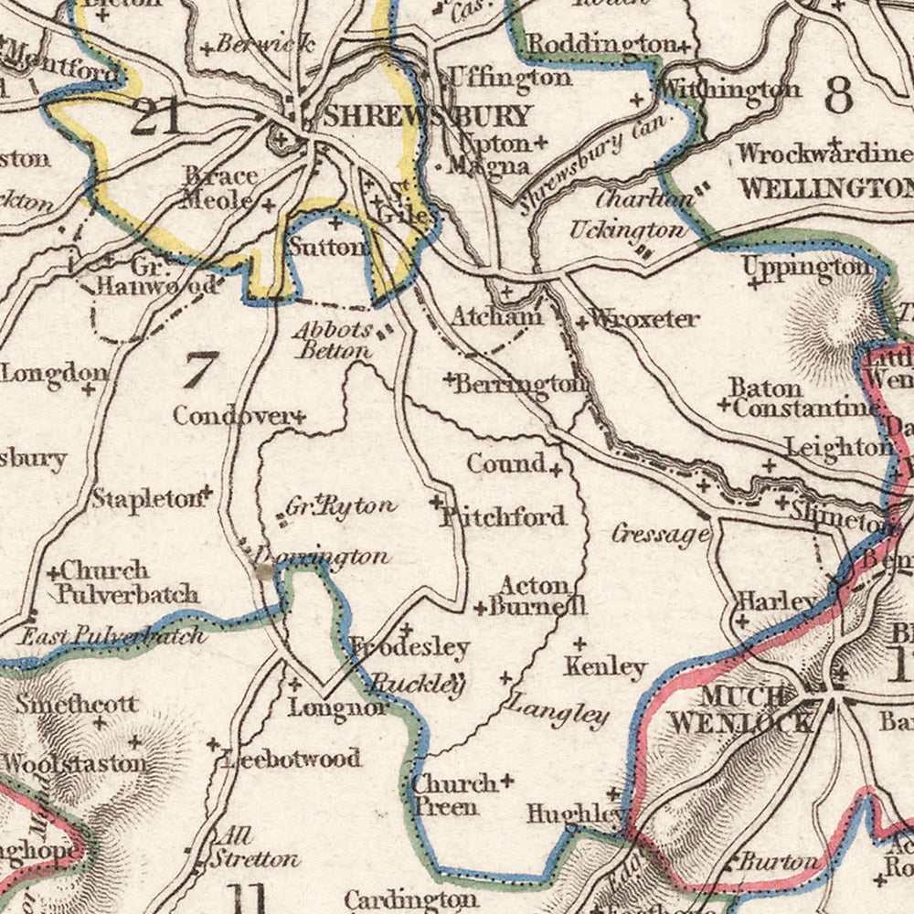 Alte Karte von Shropshire von Samuel Lewis, 1844: Telford, Shrewsbury, Oswestry, Bridgnorth und Wellington 