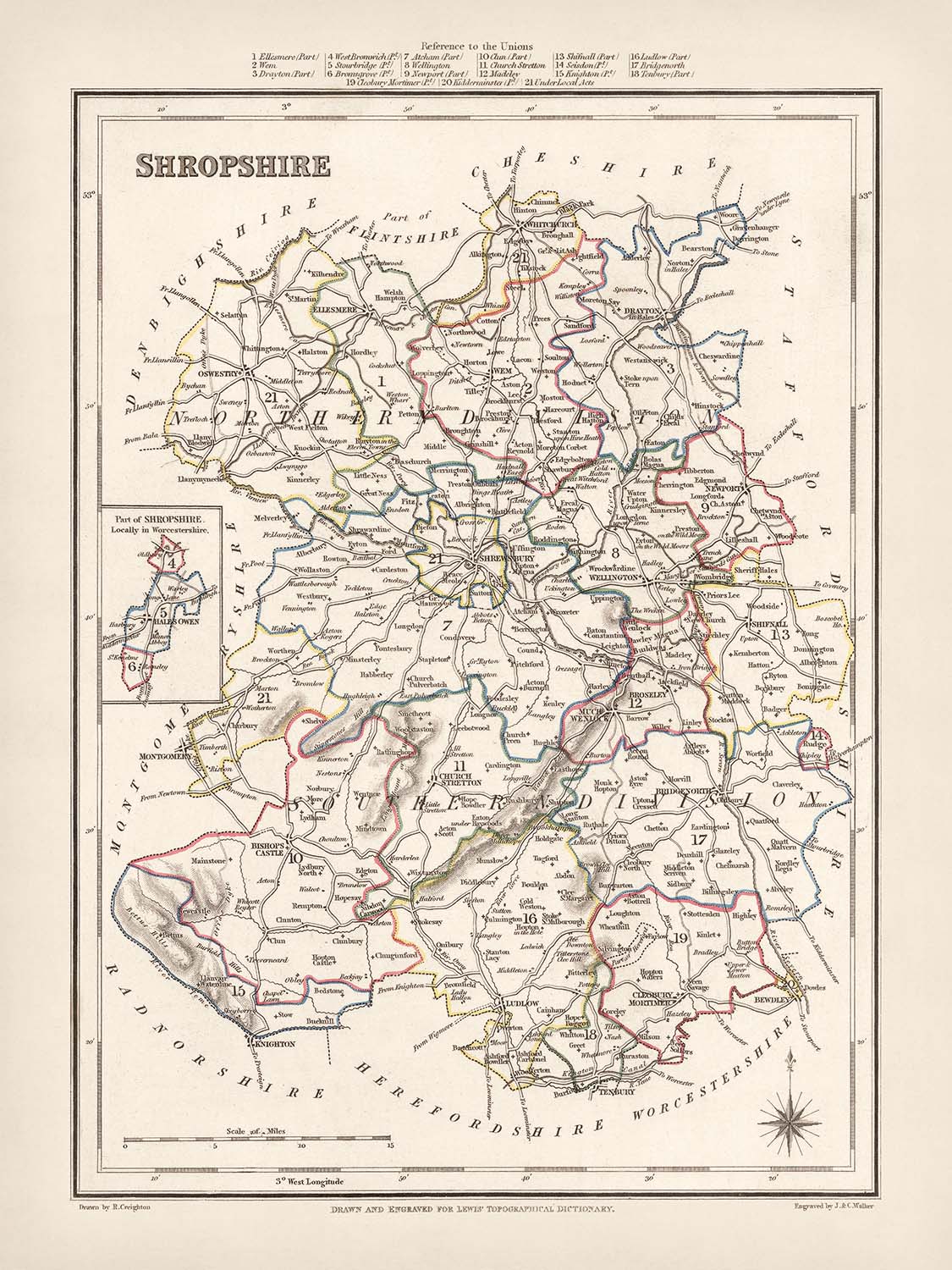 Alte Karte von Shropshire von Samuel Lewis, 1844: Telford, Shrewsbury, Oswestry, Bridgnorth und Wellington 