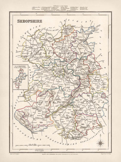Alte Karte von Shropshire von Samuel Lewis, 1844: Telford, Shrewsbury, Oswestry, Bridgnorth und Wellington 