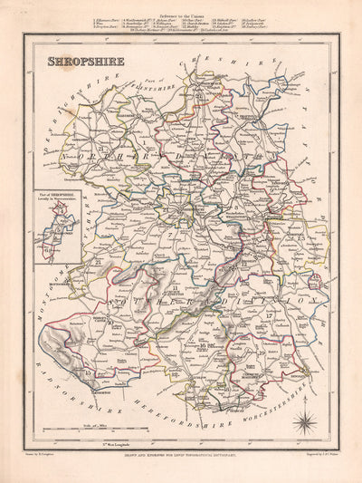 Old Map of Shropshire by Samuel Lewis, 1844: Telford, Shrewsbury, Oswestry, Bridgnorth, and Wellington