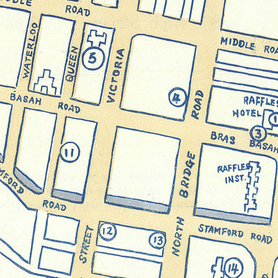 Old Map of Singapore City, 1950: Downtown Core, Kampong Glam