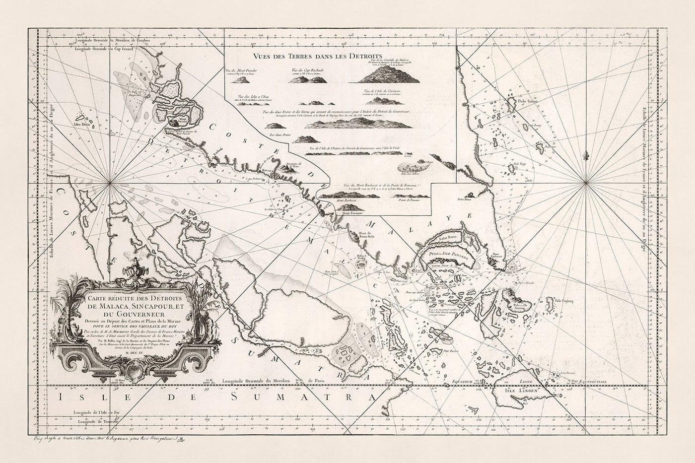 Old Map of Singapore & Malacca Strait by Bellin, 1755: Singapore Island, Malaysia, Indonesia, Lingga