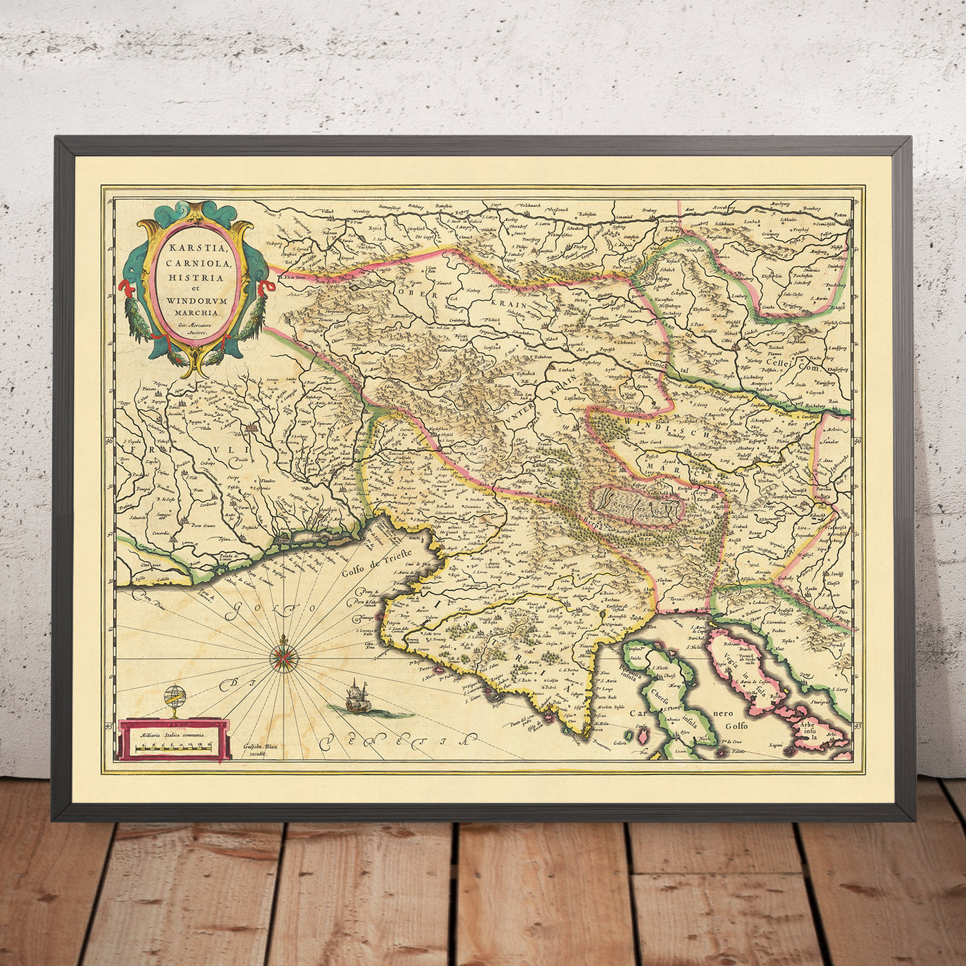 Antiguo mapa detallado de Eslovenia, Croacia e Italia por Blaeu, 1640: mar Adriático, golfo de Venecia, Liubliana, Trieste, meseta kárstica