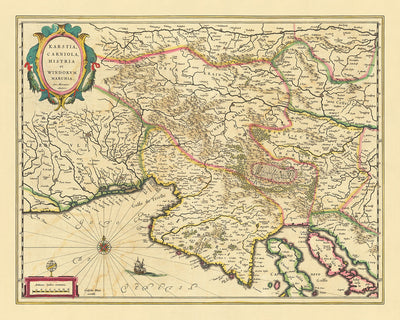 Alte detaillierte Karte von Slowenien, Kroatien und Italien von Blaeu, 1640: Adria, Golf von Venedig, Ljubljana, Triest, Karstplateau